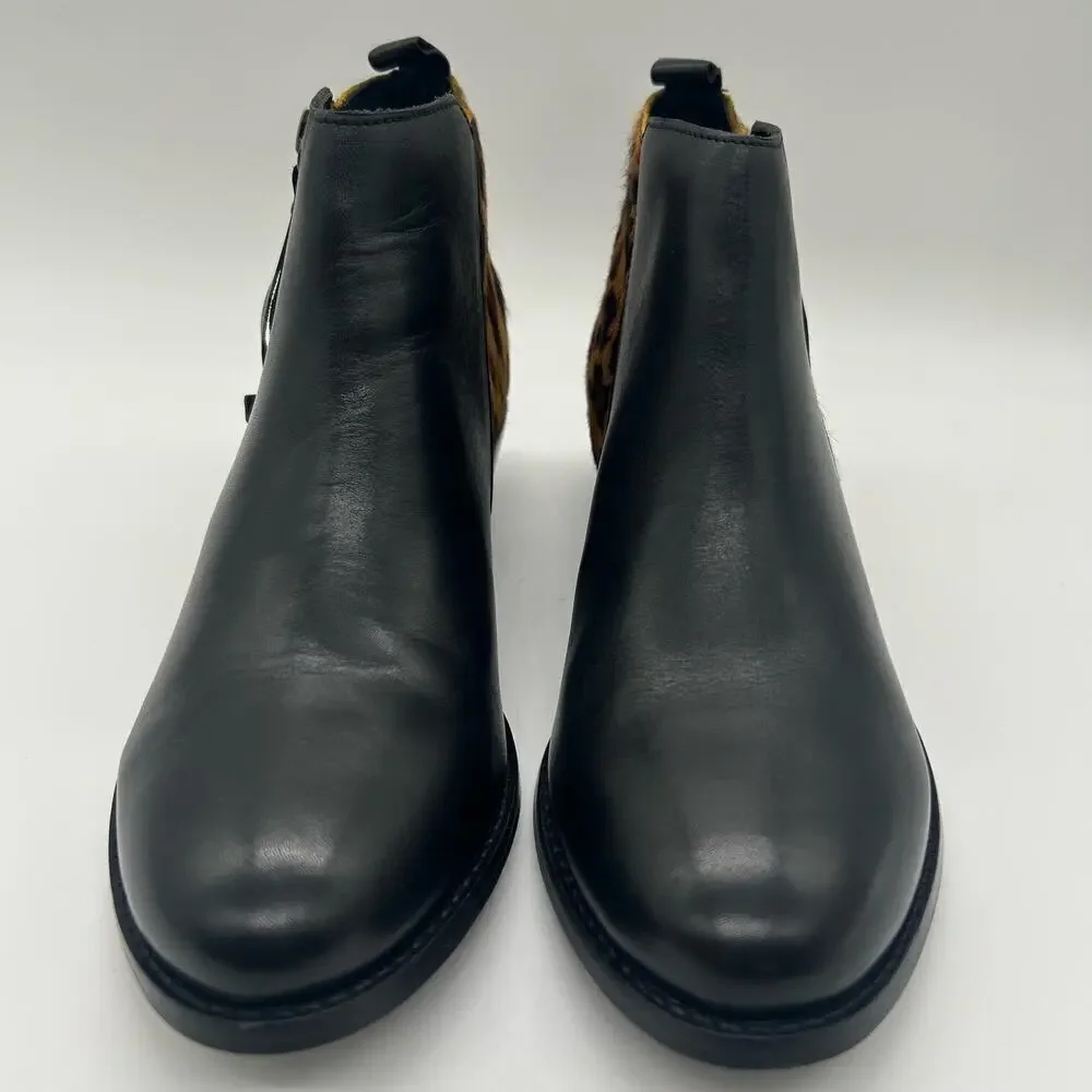 Journee Signature Boots Womens 5.5 Black Leather Shalece Ankle Leopard Print NEW